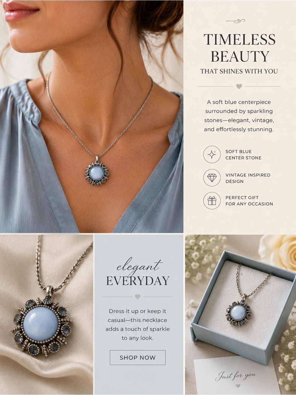 Silver Floral Blue Cabochon Pendant Necklace